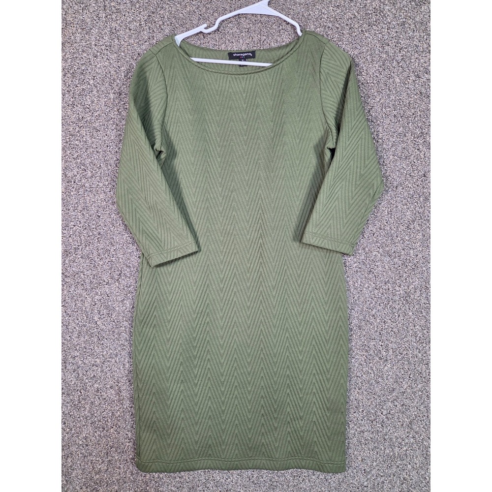 Sharagano Sheath Dress Womens 12 Olive Green Chevron Textured 3/4 Sleeve